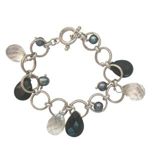 Mediterranean Silver Tone Beaded Link Charm Bracelet Shades of Grey Two-Tone